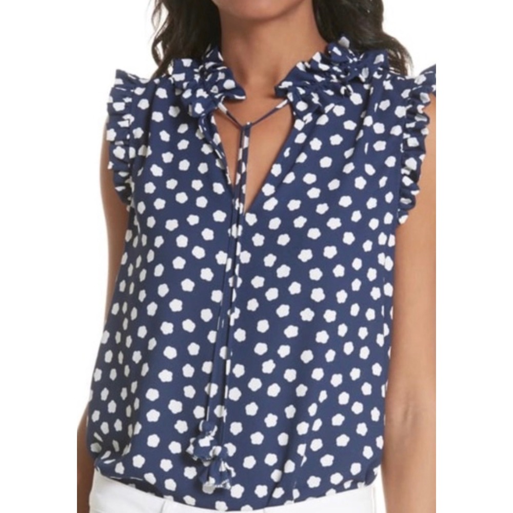Kate Spade New York Navy Blue Cloud Print 100% Silk Ruffle Neck Shell Top XS